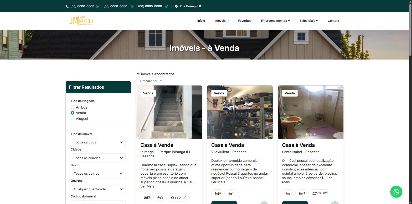 Grade de resultados de busca de imóveis à venda, com filtro lateral e cards de imóvel com foto, preço e características