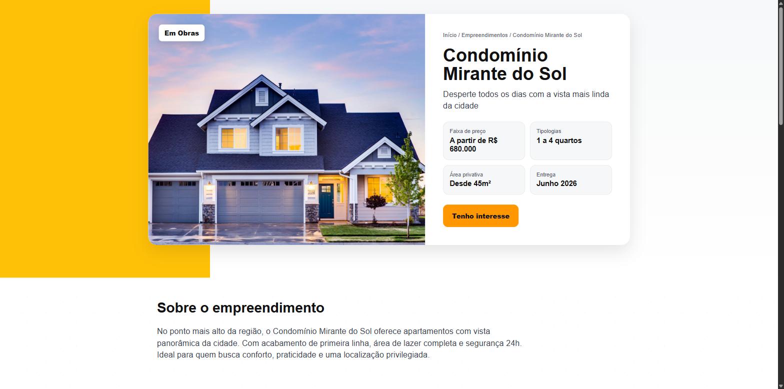 Hero de página de lançamento imobiliário, com selo Em Obras, faixa de preço, tipologias, área privativa e data de entrega
